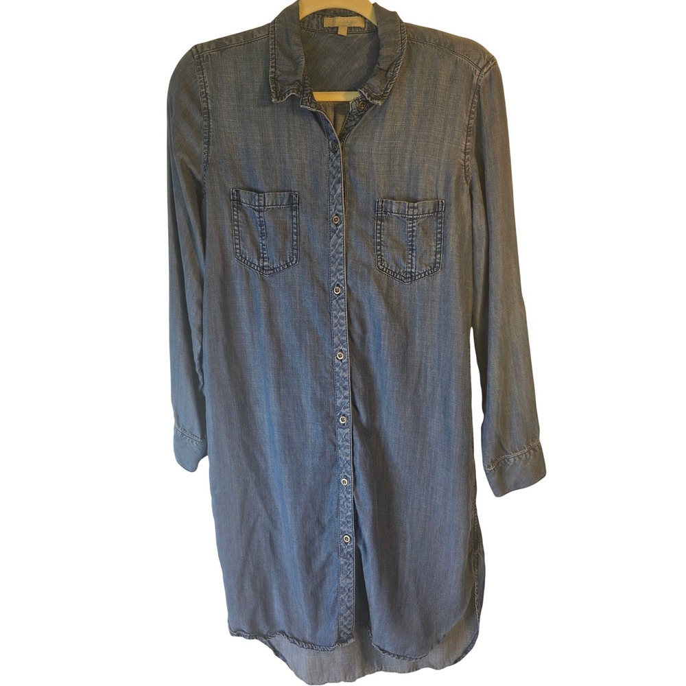 Joan Vass Studio Womens Blue Chambray Button Down Shirt Dress Roll Tab Sleeve M